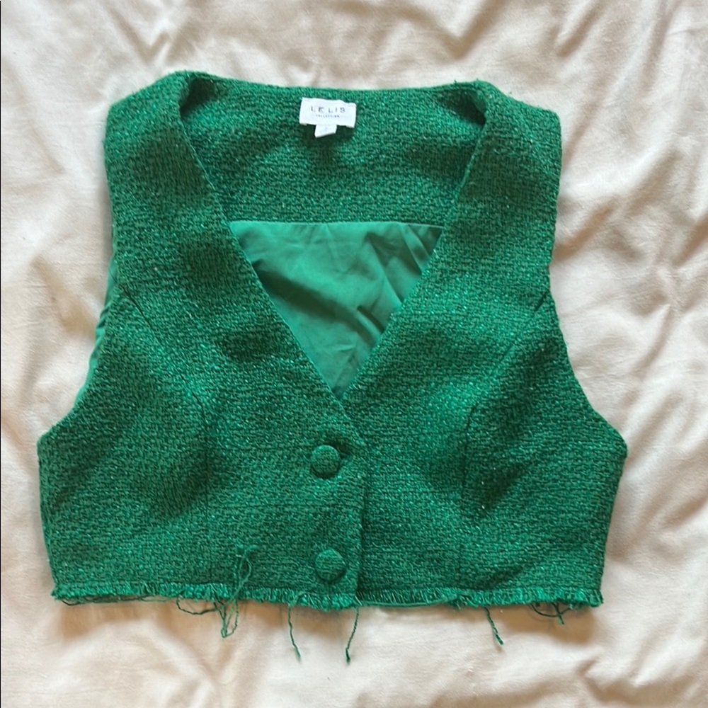 Cropped Green Tweed Vest with Buttons